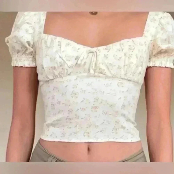 NWT Urban Outfitters white and yellow, puff sleeve milkmaid crop top; size XS - Picture 1 of 8